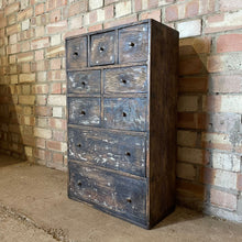 Load image into Gallery viewer, Antique Old Pine Scratch Built Bank of Drawers Apothecary Engineers