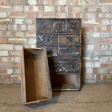 Load image into Gallery viewer, Antique Old Pine Scratch Built Bank of Drawers Apothecary Engineers
