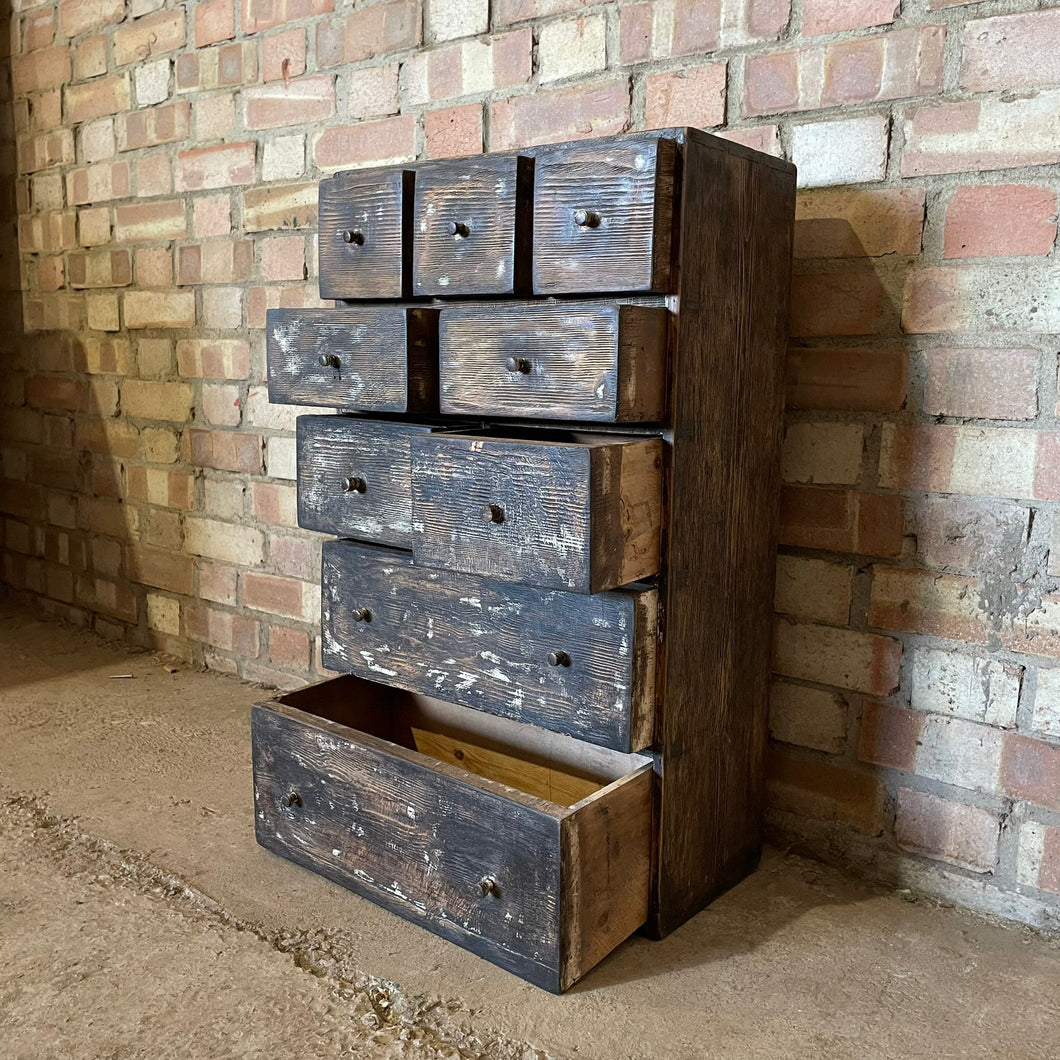 Antique Old Pine Scratch Built Bank of Drawers Apothecary Engineers